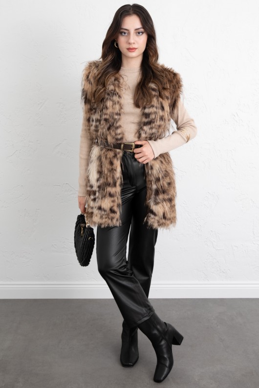 Leopar Desen Kemerli Yelek 8954 - KAHVERENGİ