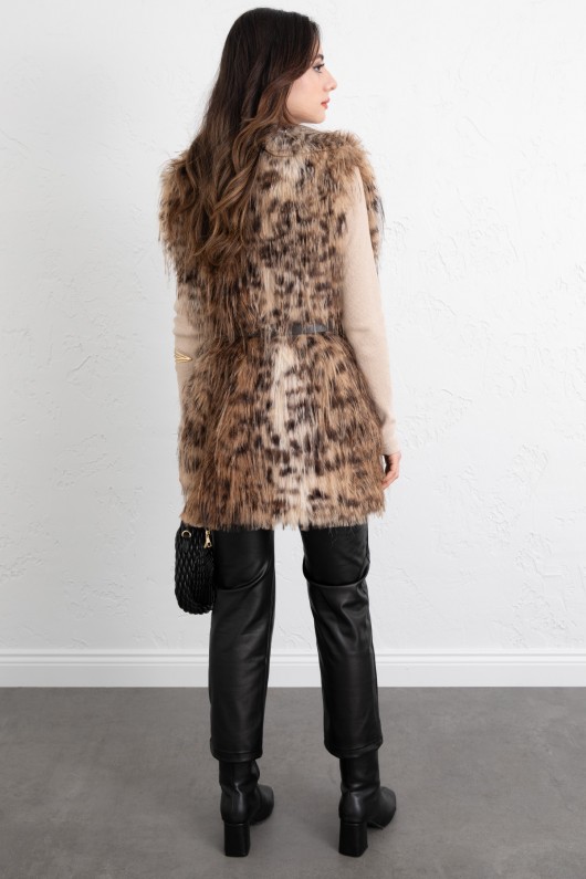 Leopar Desen Kemerli Yelek 8954 - KAHVERENGİ