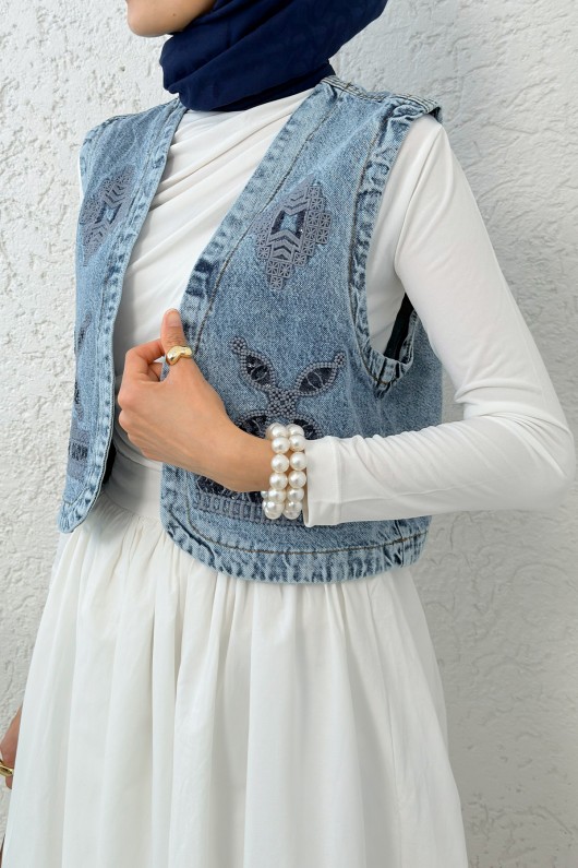 Nakışlı Denim Yelek 92030 - MAVİ Nakışlı Denim Yelek 92030 - MAVİ