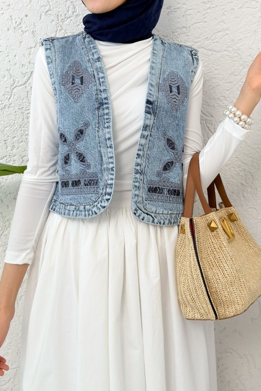 Nakışlı Denim Yelek 92030 - MAVİ Nakışlı Denim Yelek 92030 - MAVİ