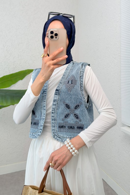 Nakışlı Denim Yelek 92030 - MAVİ Nakışlı Denim Yelek 92030 - MAVİ