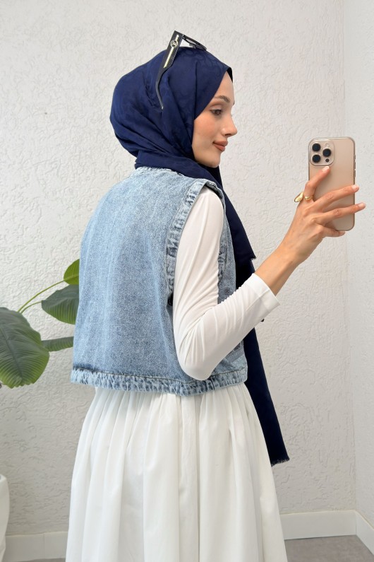 Nakışlı Denim Yelek 92030 - MAVİ Nakışlı Denim Yelek 92030 - MAVİ
