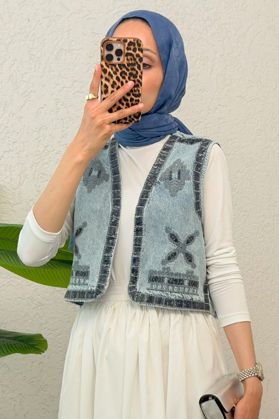 Pul Nakışlı Denim Yelek 92030 - MAVİ