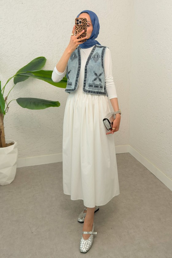 Pul Nakışlı Denim Yelek 92030 - MAVİ