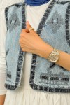 Pul Nakışlı Denim Yelek 92030 - MAVİ Pul Nakışlı Denim Yelek 92030 - MAVİ