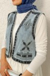 Pul Nakışlı Denim Yelek 92030 - MAVİ Pul Nakışlı Denim Yelek 92030 - MAVİ