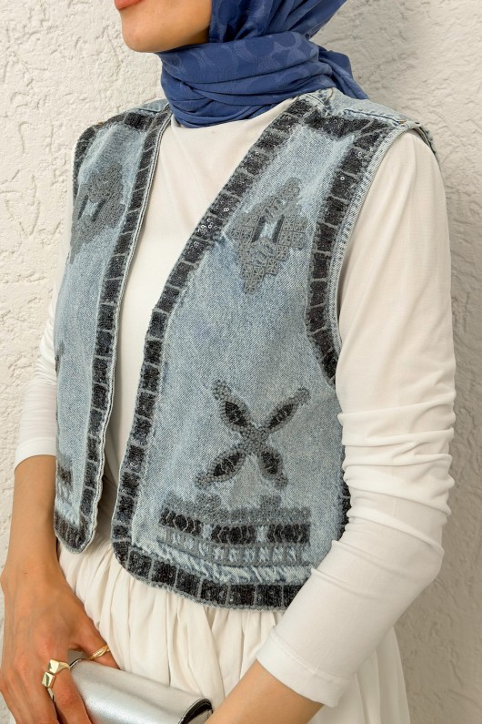Pul Nakışlı Denim Yelek 92030 - MAVİ Pul Nakışlı Denim Yelek 92030 - MAVİ