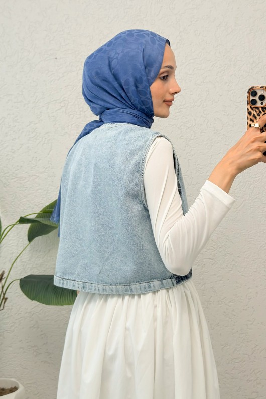 Pul Nakışlı Denim Yelek 92030 - MAVİ Pul Nakışlı Denim Yelek 92030 - MAVİ