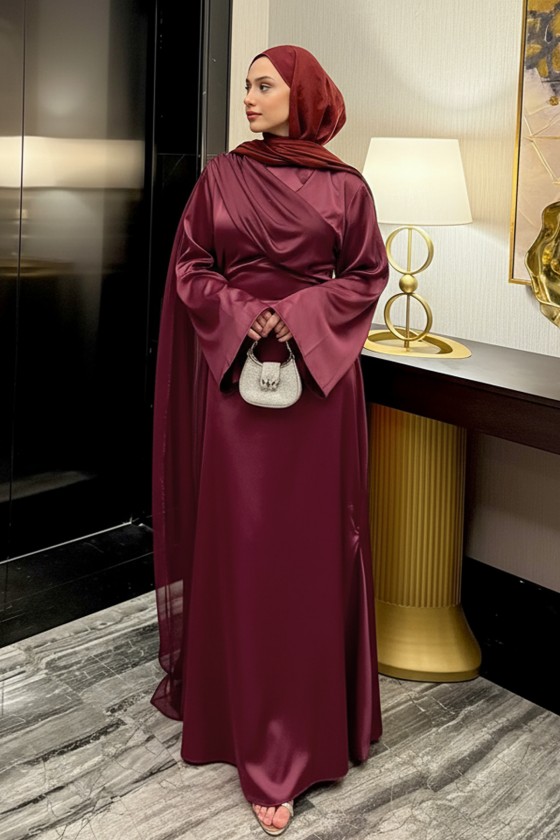 Pelerinli Saten Abiye Elbise 9839 - BORDO