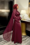 Pelerinli Saten Abiye Elbise 9839 - BORDO