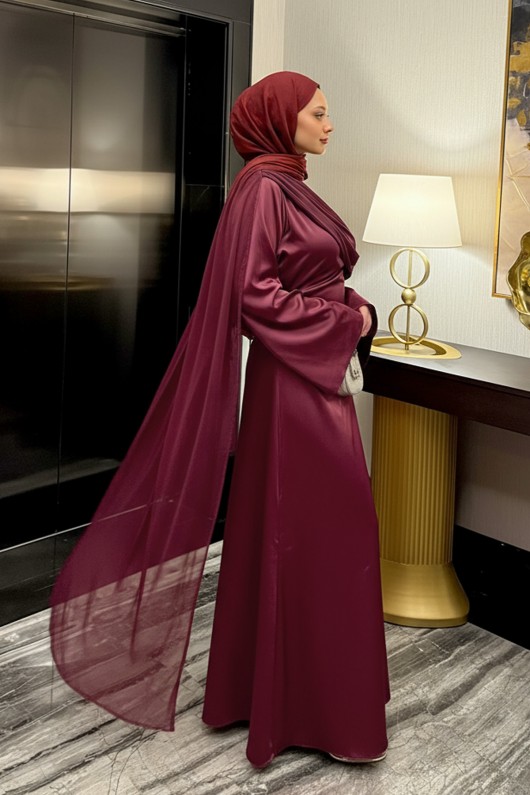 Pelerinli Saten Abiye Elbise 9839 - BORDO