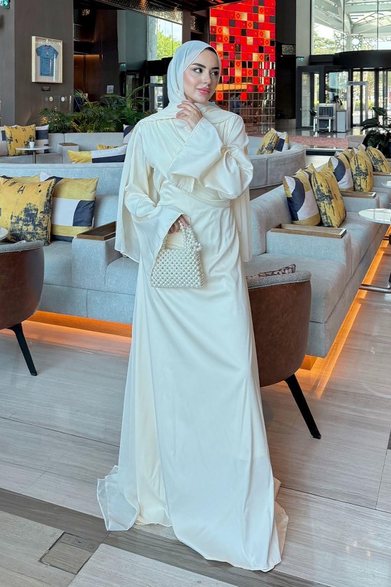 Pelerinli Saten Abiye Elbise 9839 - KREM