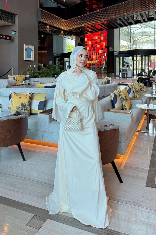 Pelerinli Saten Abiye Elbise 9839 - KREM