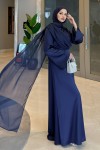 Pelerinli Saten Abiye Elbise 9839 - LACİVERT