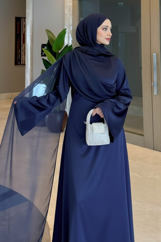 Pelerinli Saten Abiye Elbise 9839 - LACİVERT