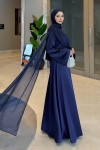 Pelerinli Saten Abiye Elbise 9839 - LACİVERT