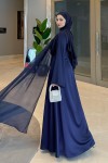 Pelerinli Saten Abiye Elbise 9839 - LACİVERT