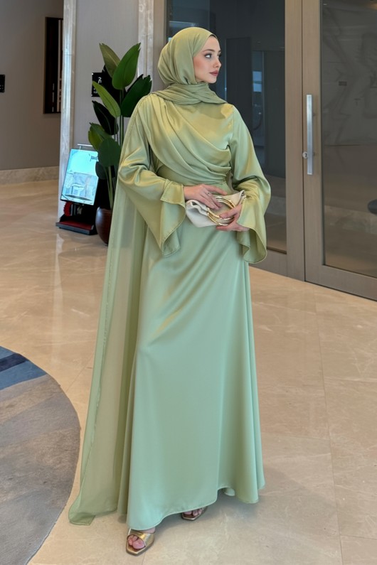 Pelerinli Saten Abiye Elbise 9839 - MİNT YEŞİLİ