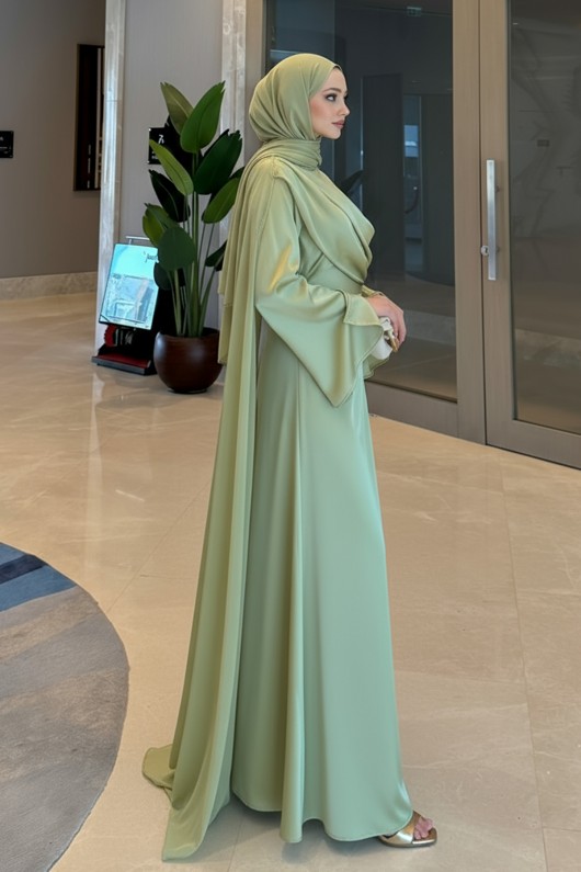 Pelerinli Saten Abiye Elbise 9839 - MİNT YEŞİLİ