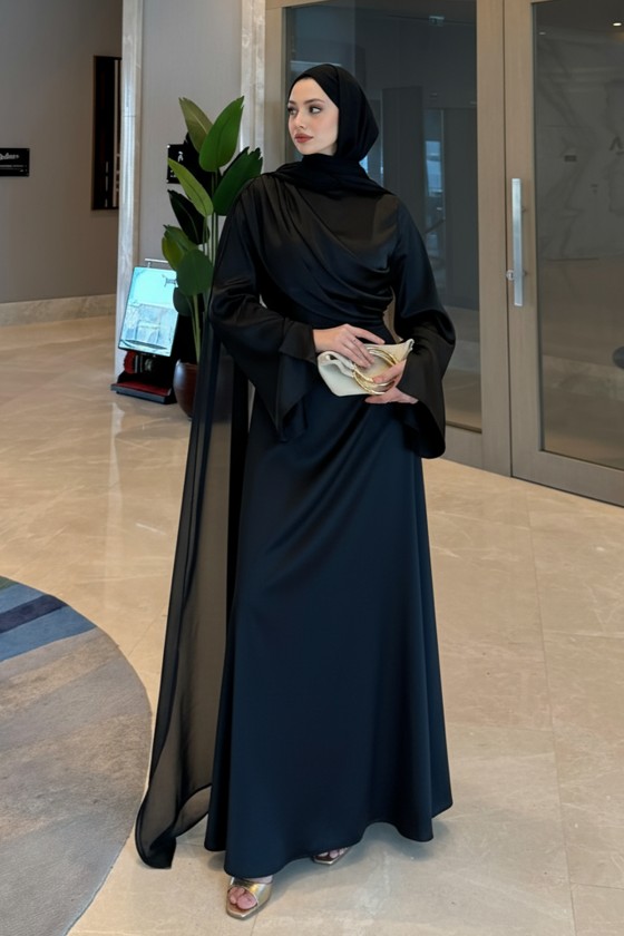 Pelerinli Saten Abiye Elbise 9839 - SİYAH