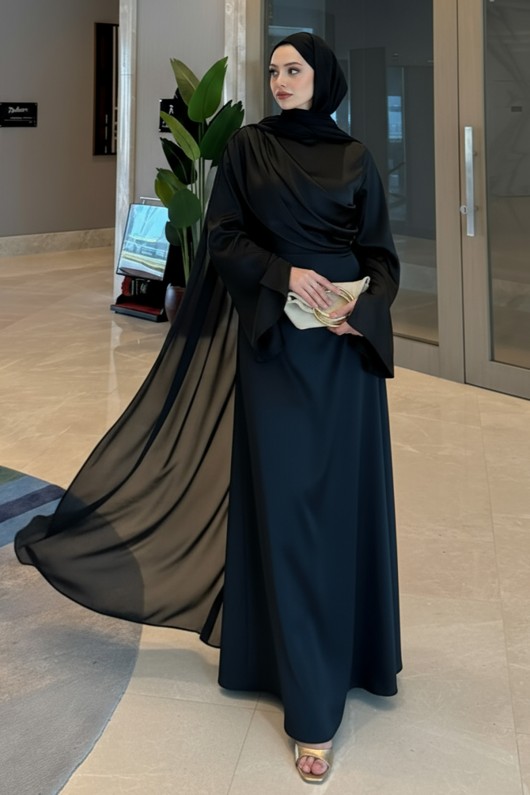 Pelerinli Saten Abiye Elbise 9839 - SİYAH