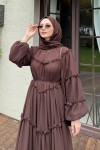 Şifon Fırfırlı Elbise 9886 - KAHVERENGİ