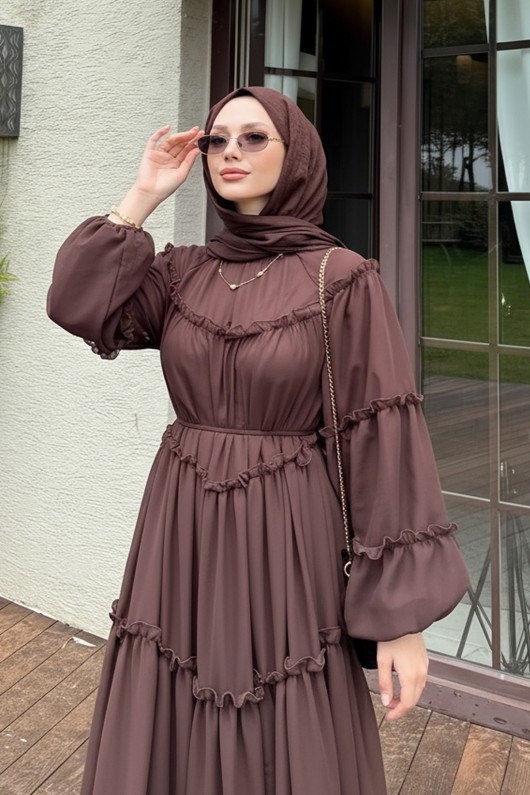 Şifon Fırfırlı Elbise 9886 - KAHVERENGİ