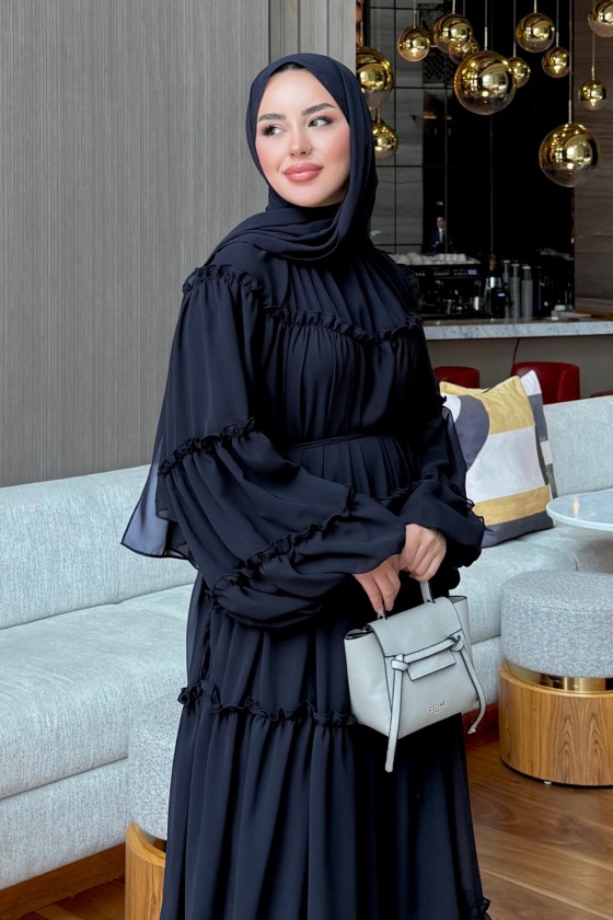 Şifon Fırfırlı Elbise 9886 - LACİVERT