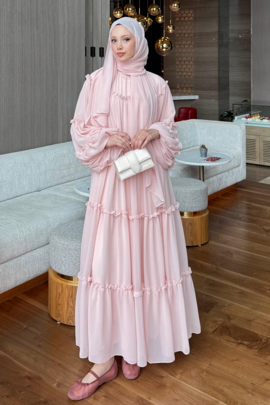 Şifon Fırfırlı Elbise 9886 - PEMBE