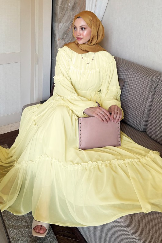 Şifon Fırfırlı Elbise 9886 - SARI