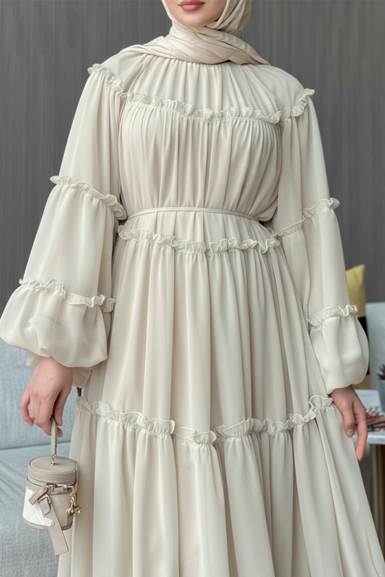 Şifon Fırfırlı Elbise 9886 - TAŞ RENGİ