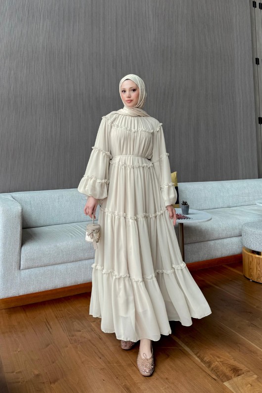 Şifon Fırfırlı Elbise 9886 - TAŞ RENGİ Şifon Fırfırlı Elbise 9886 - TAŞ RENGİ