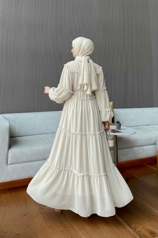 Şifon Fırfırlı Elbise 9886 - TAŞ RENGİ Şifon Fırfırlı Elbise 9886 - TAŞ RENGİ