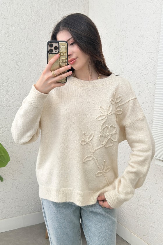 Süzene Nakışlı Triko Kazak 70056 - EKRU