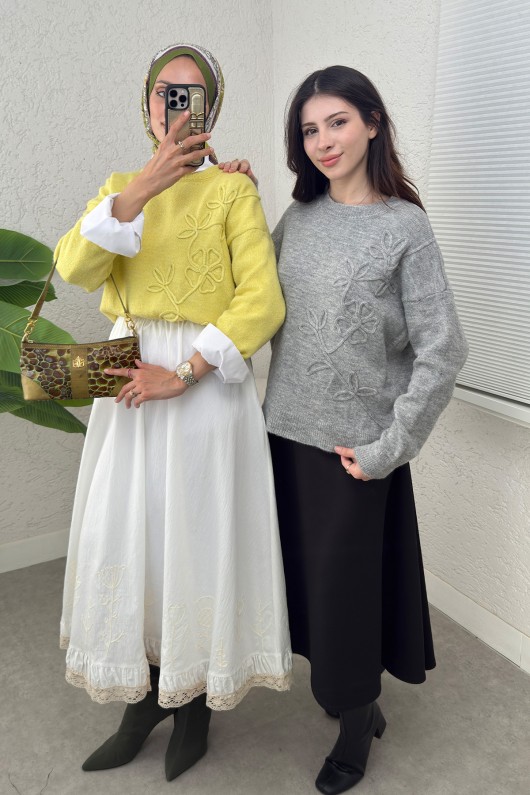 Süzene Nakışlı Triko Kazak 70056 - GRİ