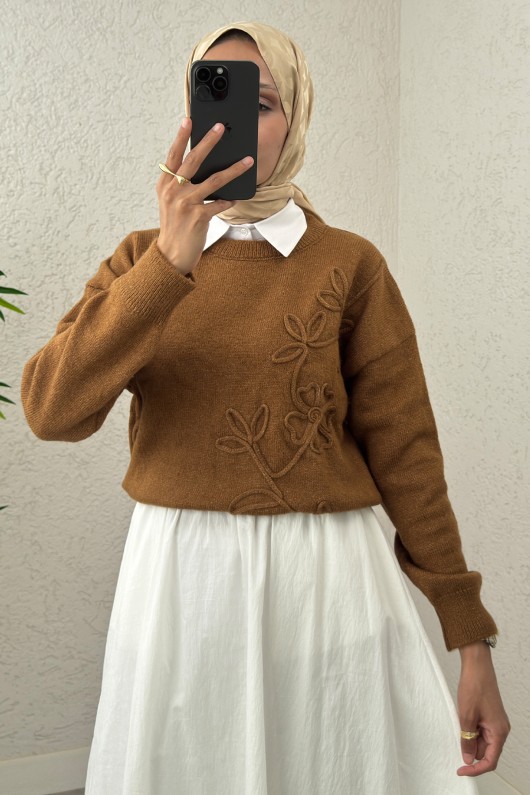 Süzene Nakışlı Triko Kazak 70056 - KAHVERENGİ