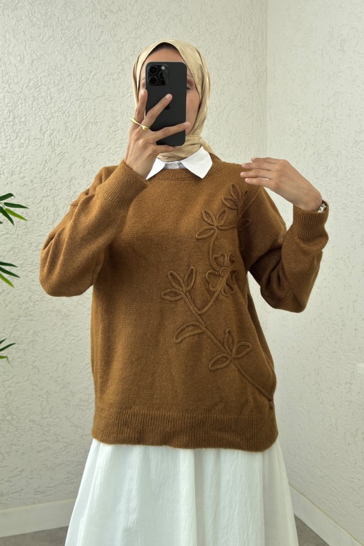 Süzene Nakışlı Triko Kazak 70056 - KAHVERENGİ