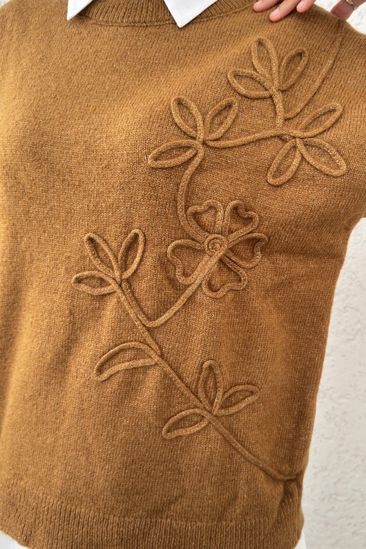 Süzene Nakışlı Triko Kazak 70056 - KAHVERENGİ