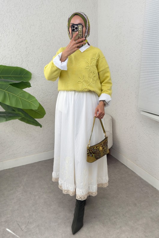 Süzene Nakışlı Triko Kazak 70056 - YAĞ YEŞİLİ