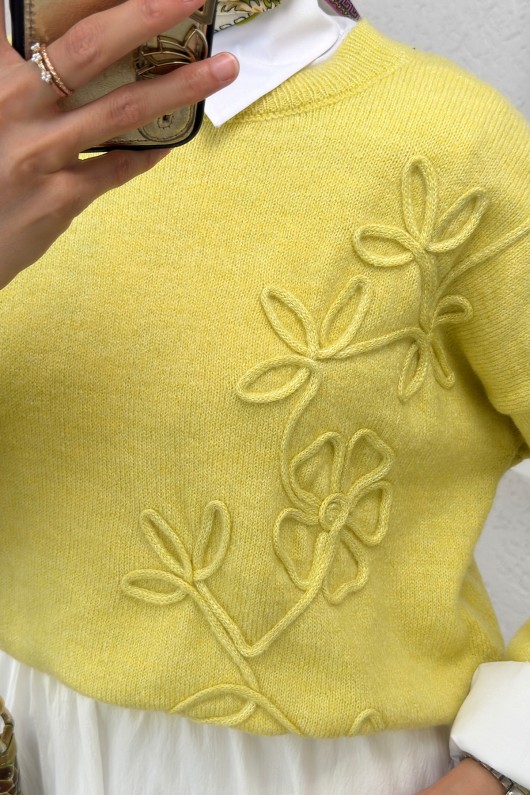 Süzene Nakışlı Triko Kazak 70056 - YAĞ YEŞİLİ