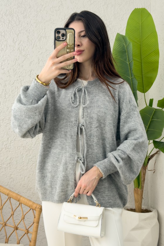 İp Bağcıklı Triko Hırka 70064 - GRİ