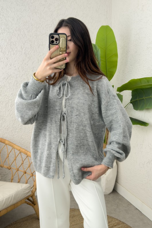 İp Bağcıklı Triko Hırka 70064 - GRİ