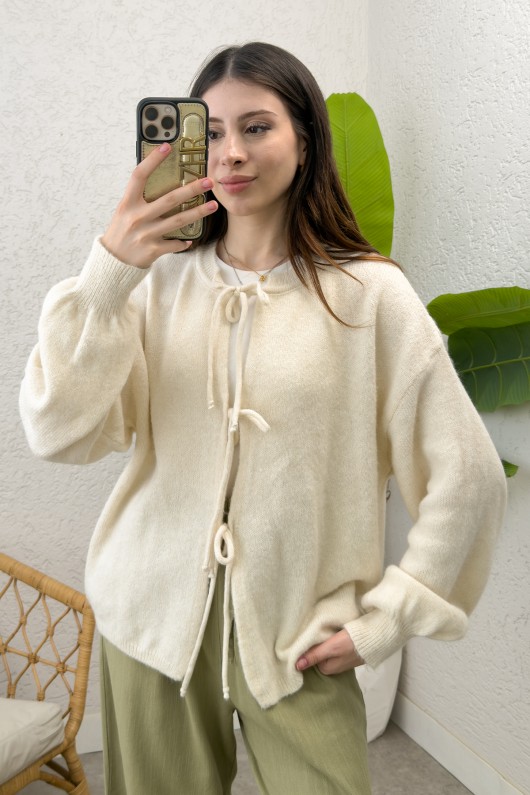 İp Bağcıklı Triko Hırka 70064 - EKRU