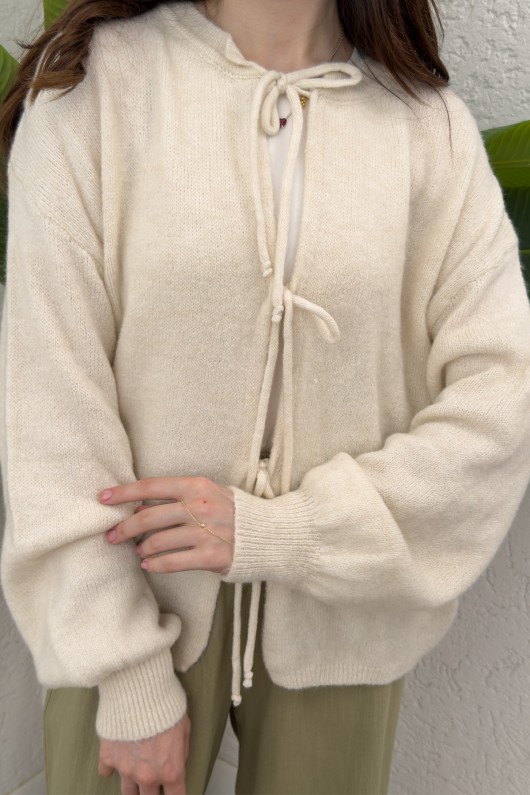 İp Bağcıklı Triko Hırka 70064 - EKRU