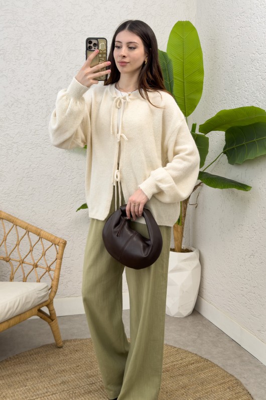 İp Bağcıklı Triko Hırka 70064 - EKRU