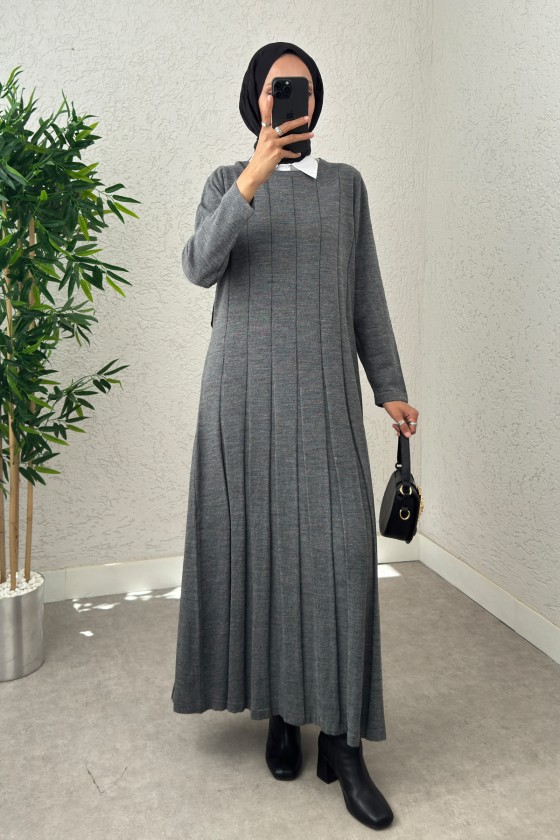 Çizgili Pliseli Triko Elbise 0010 - ANTRASİT