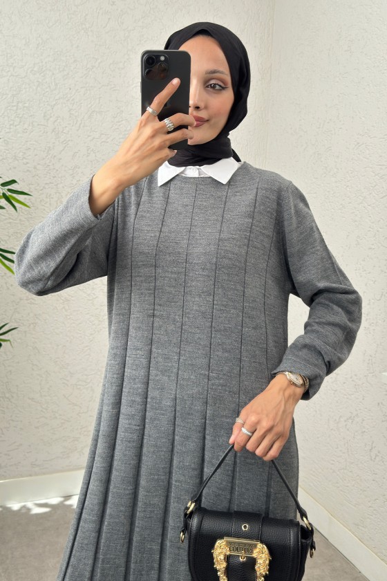 Çizgili Pliseli Triko Elbise 0010 - ANTRASİT