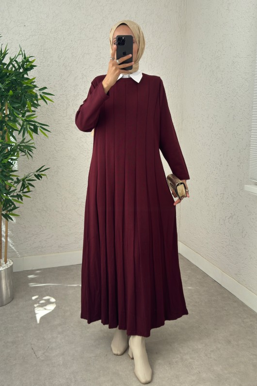 Çizgili Pliseli Triko Elbise 0010 - BORDO
