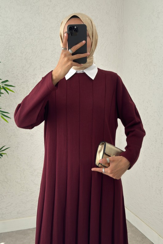 Çizgili Pliseli Triko Elbise 0010 - BORDO