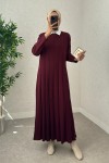 Çizgili Pliseli Triko Elbise 0010 - BORDO